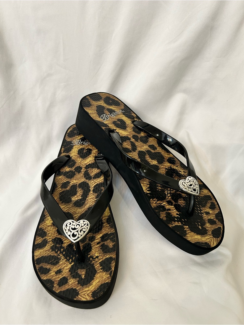 Brighton Leopard Print Platform Sandals with Black Straps and Silver Heart